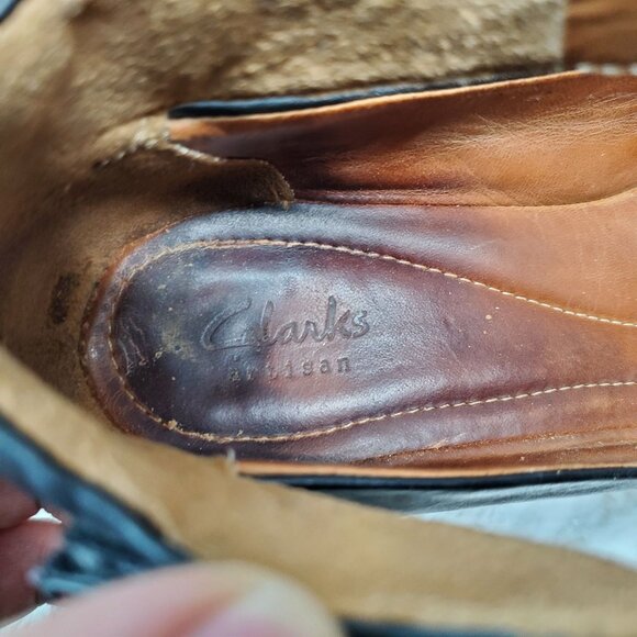 Clarks Shoes Womens Size 8.5 Artisan Clarene Tide Black Leather Mary Jane Wedge - Picture 2 of 9